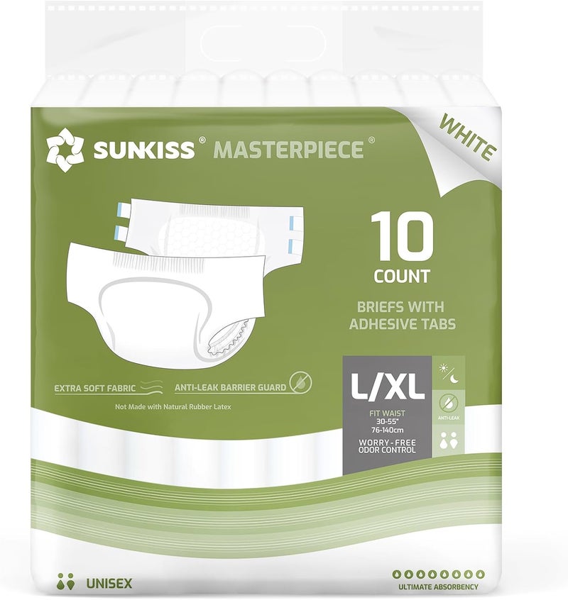 SUNKISS Masterpiece Adult Diapers with Tabs, Unisex Disposable Incontinence Briefs for Women and Men, Odor Control, White, Large/XLarge, Previously Large, 10 Count - Image 1